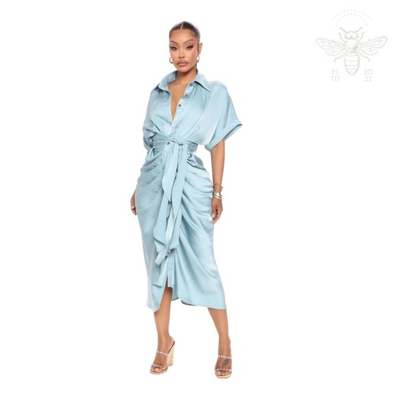 Fashion Nova Stuck In The City Satin Midi Dress Short Sleeve Blue Extra Large - Picture 1 of 5